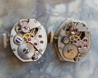 Antique Watch Part Matching Pair of Women's Ladies Watch Movements for Earrings, M1909, 16mm x 13mm Oval, Small, Face & Dial Intact