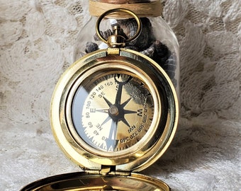 Solid Brass Pocket Compass: Push Button Lid, 1 3/4" Diameter