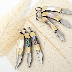 Miniature Knife 1&quot;  BULK Option Mother of Pearl Abalone Bone Working Mini Knives Tiny Folding Knife Charm Pendant Jewelry Supply