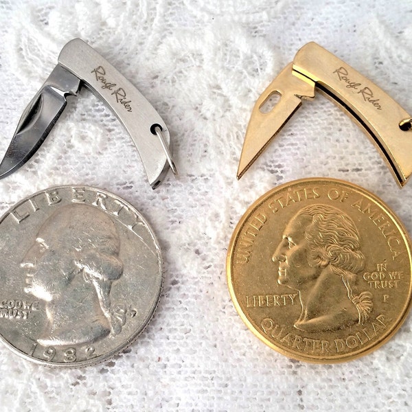 Tiny 7/8" Miniature Stainless Silver Toned Knife Plated Gold Color Rough Rider Working Mini Knife Tiniest Folding Knife Charm Pendant Supply