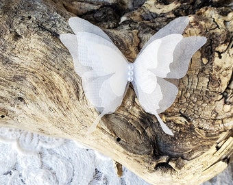 5 - 3D Butterfly 4 Layer Sheer WHITE Organza Body: 2"x2.5" Pearl Body, Lacey Bridal Wedding Accessories Silk Butterfly Applique Art Projects