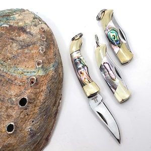 Tiny Knife 1.5&quot; Rainbow Abalone Handle, 1 Single Miniature Working Knife, Zipper Pull  Mini Folding Pocket Knife,  Collectible