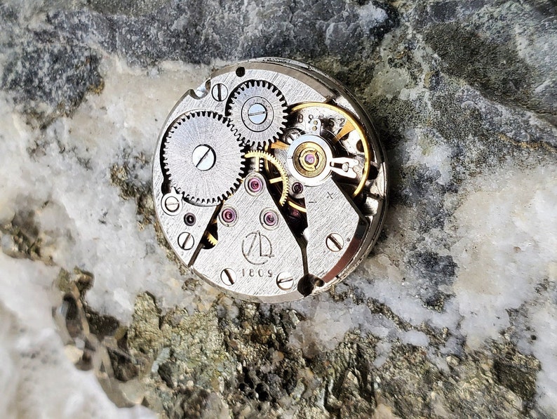 Pu&ograve; includere: Primo piano di un movimento di orologio con ingranaggi, viti e gioielli intricati. Il meccanismo argentato presenta un design circolare con i marchi "1809" e un logo "ZL" stilizzato. Lo sfondo &egrave; una superficie di pietra strutturata multicolore.