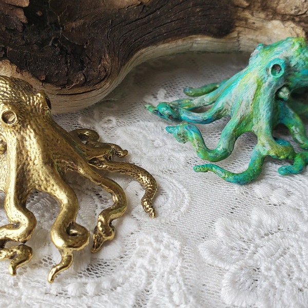 Brass Octopus Desk Top Knick-Knack Adorable Realistic Solid Raw Brass, Vintage, Verdigris, Hand Painted  Steampunk Ocean Paper Weight