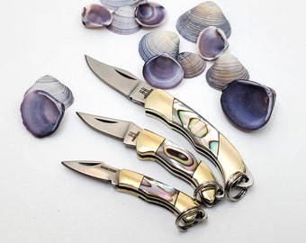 Abalone Knives BULK Option  1" - 1 1/2" Miniature Iridescent Pink & Green Knives, Folding Pocket Knife Charm, Pendant, Jewelry Making Supply