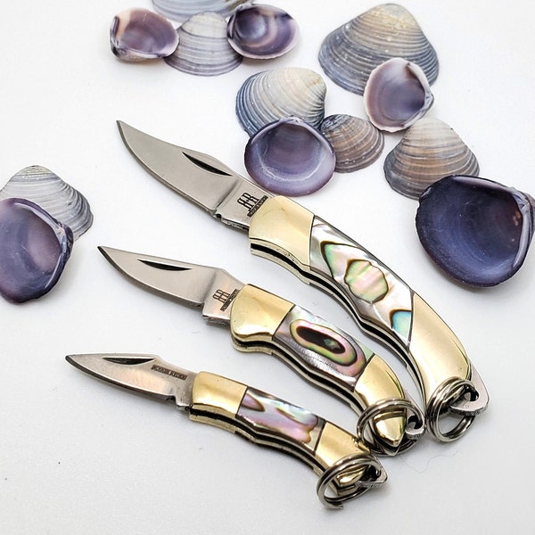 Abalone Knives BULK Option  1" - 1 1/2" Miniature Iridescent Pink & Green Knives, Folding Pocket Knife Charm, Pendant, Jewelry Making Supply