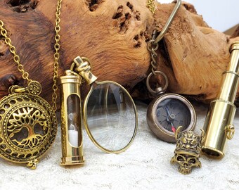 CLEARANCE Seconds * Brass Compass Hourglass  Magnifying Glass Necklace * Steampunk Bags * Read Description Sale Closeout Marked Down F2307