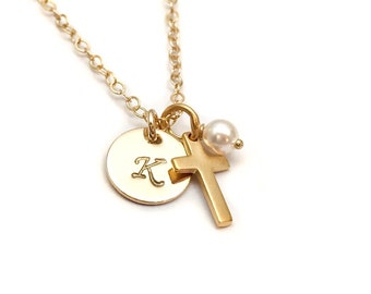 Personalized Gold Cross Necklace, Initial Disc, Goddaughter Gift