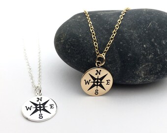 Gold Compass Necklace, Sterling Silver, Nautical Jewelry, Traveler Gift