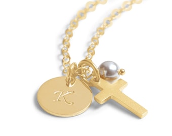 Personalized Gold Cross Necklace, Initial and Birthstone, Goddaughter Gift