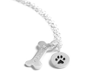 Personalized Dog Bone Necklace, Paw Print Pet Memorial, Silver or Gold