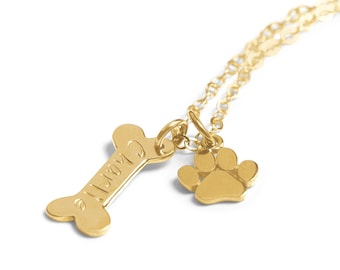 Gold Dog Bone Necklace, Personalized Pet Name, Paw Print Charm