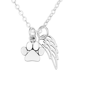 Paw Print with Angel Wing Necklace, Gift for Friend Who Loss Pet, Silver Cat Memorial Necklace, Dog Paw Print Charm, Dog Cat Angel Jewelry