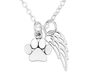 Sterling Silver Paw Print Angel Wing Necklace, Pet Memorial Gift