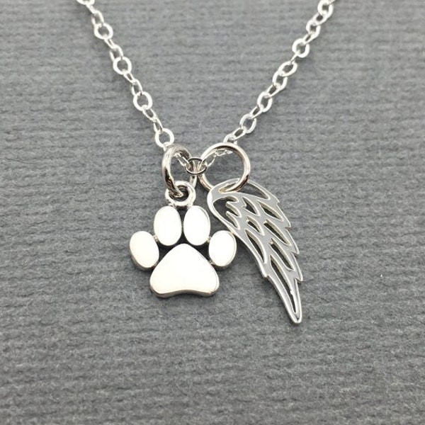 Paw Print with Angel Wing Necklace, Gift for Friend Who Loss Pet, Silver Cat Memorial Necklace, Dog Paw Print Charm, Dog Cat Angel Jewelry