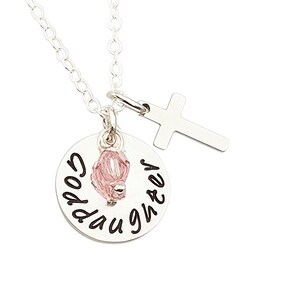 Goddaughter Gift, Godmother Necklace, Personalized Silver Cross Confirmation Baptism or First Communion Jewelry, Goddaughter Birthstone
