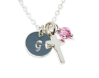 Sterling Silver Cross Initial Necklace, Goddaughter Gift, Birthstone Jewelry