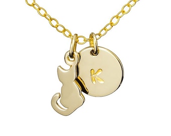 Gold Cat Charm Necklace, Personalized Initial Disc, Furbaby Jewelry