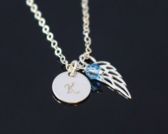 Memorial Necklace, Sterling Silver, Angel Wing, Birthstone, Initial Charm