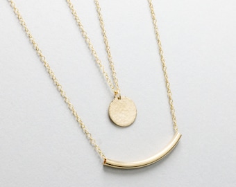 14k Gold Filled Layering Necklace Set, Disc & Bar Pendant