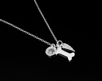 Sterling Silver Dog Memorial Necklace, Paw Print & Angel Wing Charm