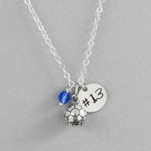 Sterling Silver Soccer Ball Necklace, Personalized Team Number, Birthstone Charm