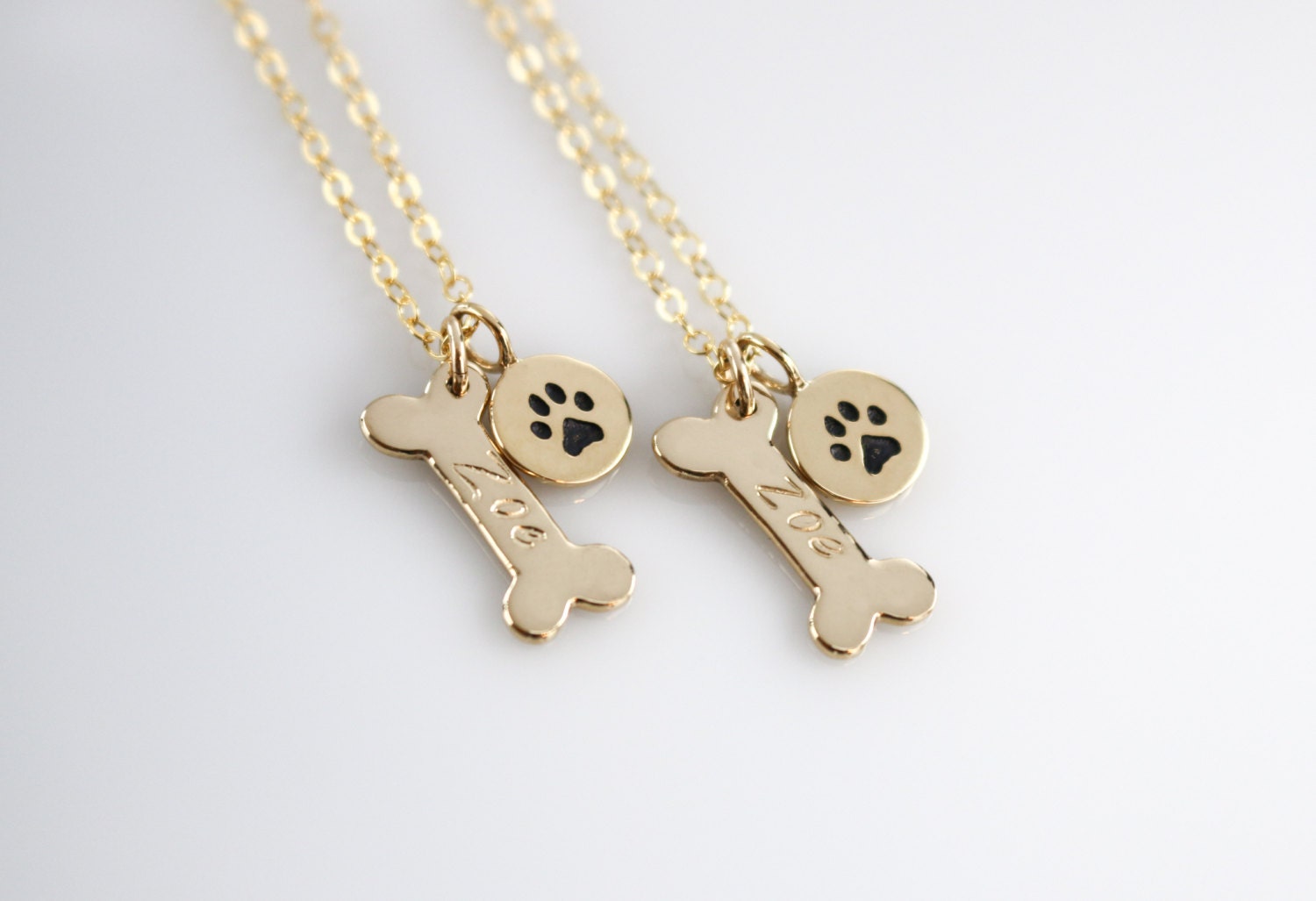 Gold Dog Bone Necklace Personalized Dog Name Dog Paw Etsy
