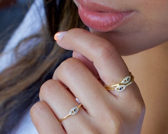 Simple evil eye ring| minimalist evil eye stacking ring| sterling silver evil eye ring with CZ