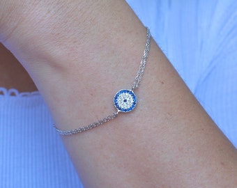 Sterling silver evil eye bracelet| medallion bracelet