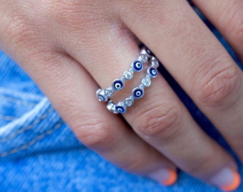 Evil eye ring| sterling silver evil eye adjustable ring