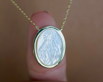 Moeder Maria ketting Maagd Maria hanger sterlingzilveren parelmoer Maria sterlingzilveren ketting