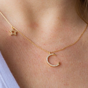 Moon and star necklace| gold moon and star necklace| 14kt gold plated moon star necklace| sterling silver necklace