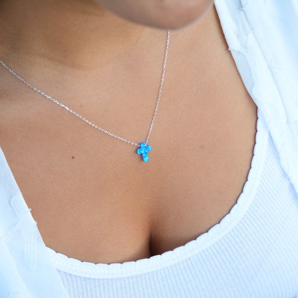 Opal cross necklace| blue opal cross necklace| silver cross necklace