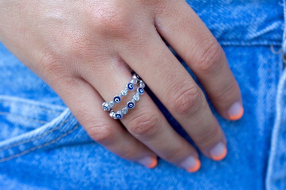 Evil eye ring| sterling silver evil eye adjustable ring