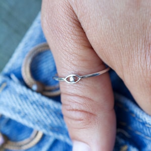 Simple evil eye ring| minimalist evil eye stacking ring| sterling silver evil eye ring with CZ