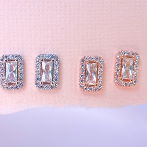 Bridal baguette earrings, rose gold studs, silver baguette earrings