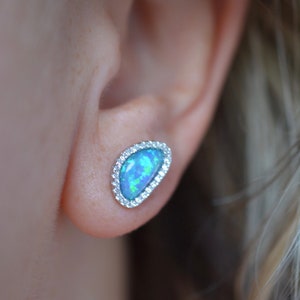Blue Opal Sterling Silver Studs with CZ