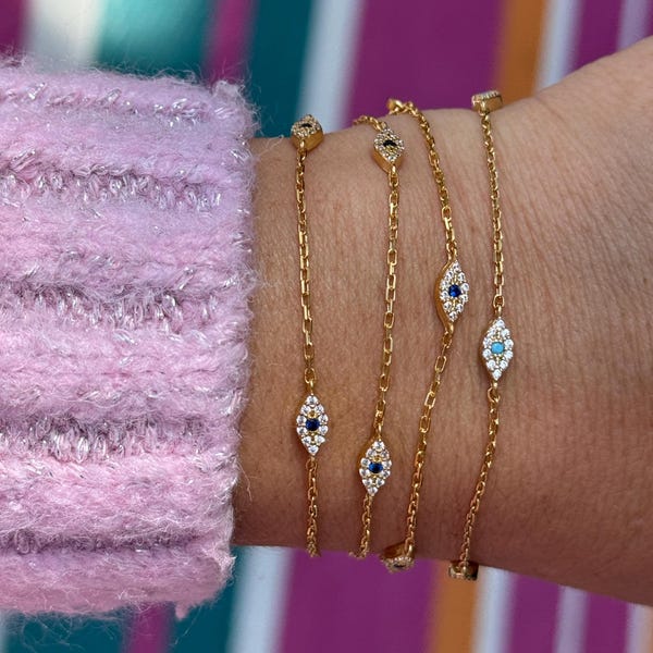 Pulsera delicada de oro con ojo malvado: plata de ley, circonita azul