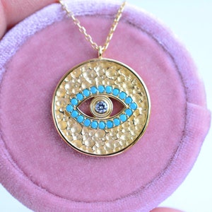Gold Plated Evil Eye Necklace: Sterling Silver Disc with Cubic Zirconia