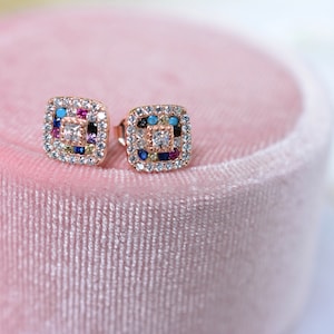 Rose Gold Square Stud Earrings: Multicolored CZ Sterling Silver
