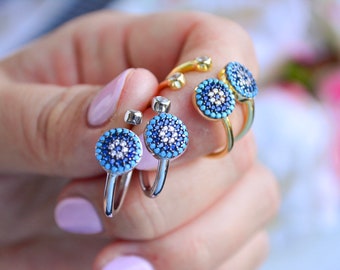 Evil eye ring| sterling silver adjustable evil eye ring