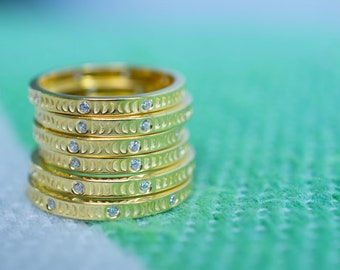 Gold moon ring| Gold moon phase stacking ring| crescent moon ring| gold stacking ring with crystals| gold stacking band