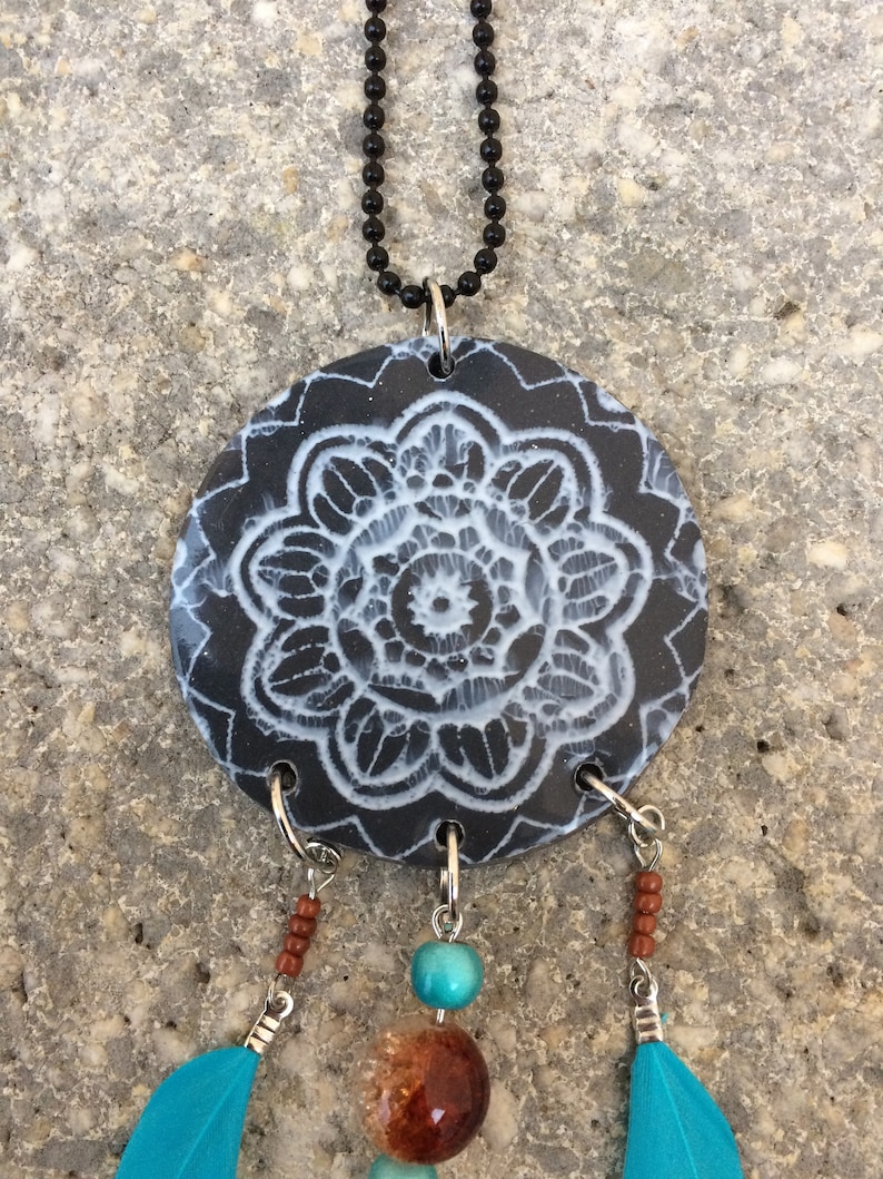 Long necklace black and white polymer clay