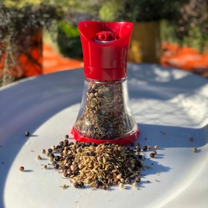 May include: A red and clear glass spice grinder filled with a blend of herbs and spices. A small pile of spices sits on a white plate next to the grinder. The grinder has a red top and a clear glass body.