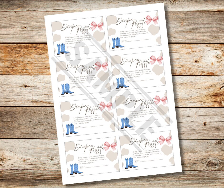 Boots or Bows Diaper Raffle Ticket, Diaper Raffle Card | Printable ...