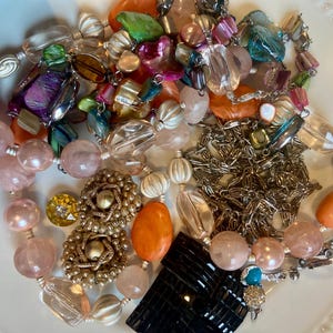 Junk jewelry costume vintage, new mixed lot grab bag 1/2 lb bulk jewelry for crafts, two long wearable bead necklaces, chain necklace, misc.