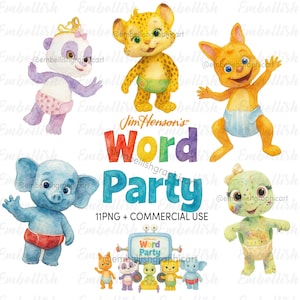 以下が含まれることがあります： パンダ、チーター、カンガルー、ゾウ、カメなど、「ワードパーティー」のキャラクターの水彩イラスト。画像には番組のロゴとテキスト「11PNG + COMMERCIAL USE」も含まれています。