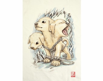 Ceberus Junior / 7 Samurai Dogs / 7 Ninja Cats  Fabric Art  Canvas No frame