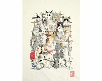Neko Family / Ice Cream Cat / Gachapon Kitty Cat  Fabric Art  Canvas No frame