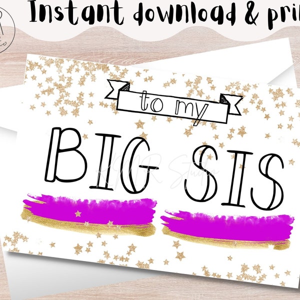 BIG Sis 4x6 Card; Dance & Cheer Teams; INSTANT download and print!  Neon Stars Collection